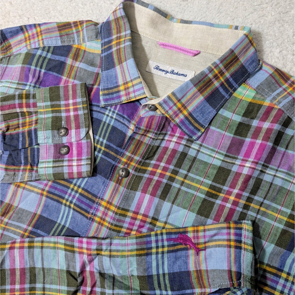 Tommy Bahama Button Down Shirt Mens L Multicolor Plaid L/S 100% Linen ST325772